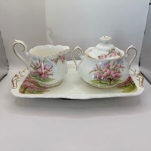 Royal Albert Blossom Time Large Cream and Sugar Bowl on a Rectangular Tray.
